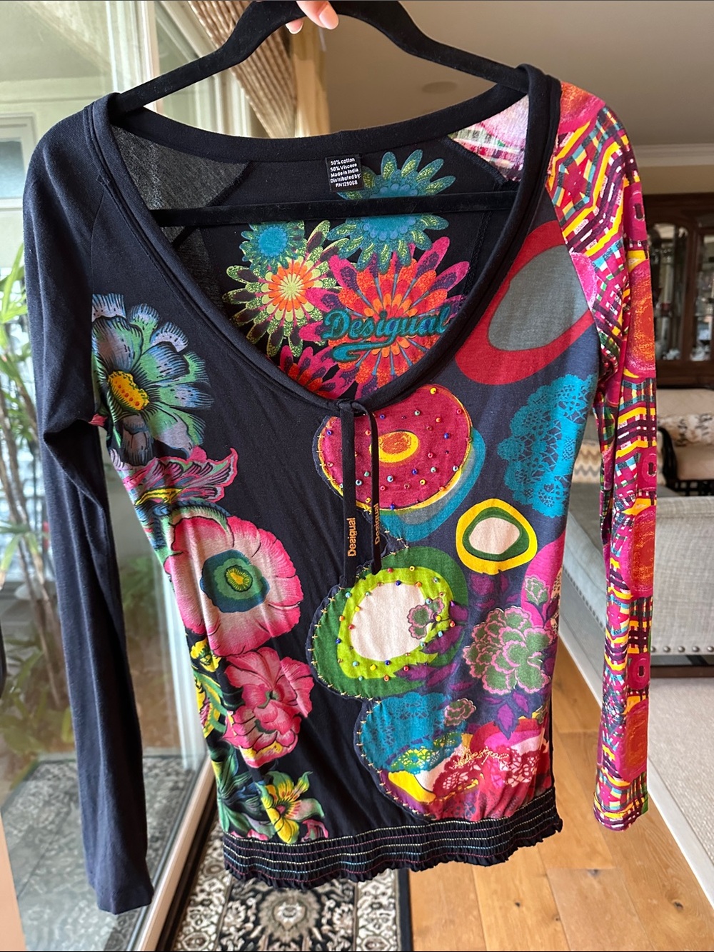 Desigual Black Multicolor Floral & Geometric V‑Neck Long Sleeve Top